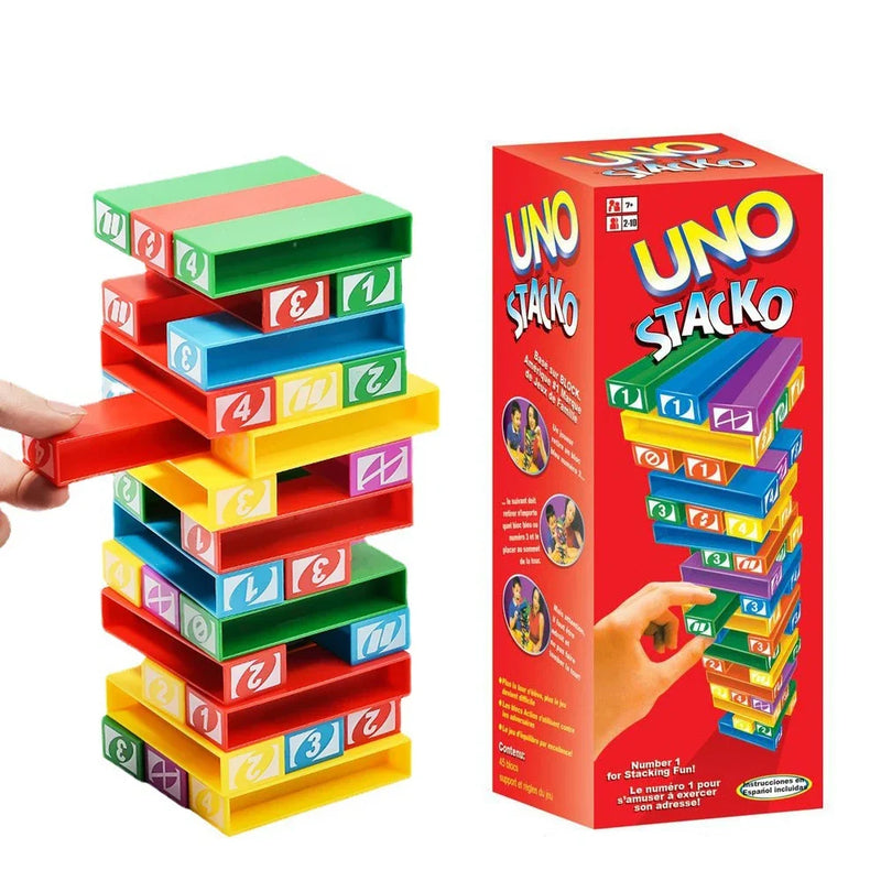 Jogos de Tabuleiro Stacko-UNO, Entretenimento Familiar, Poker Party, Puzzle Educação Infantil, Brinquedos Empilhados, Cartas,