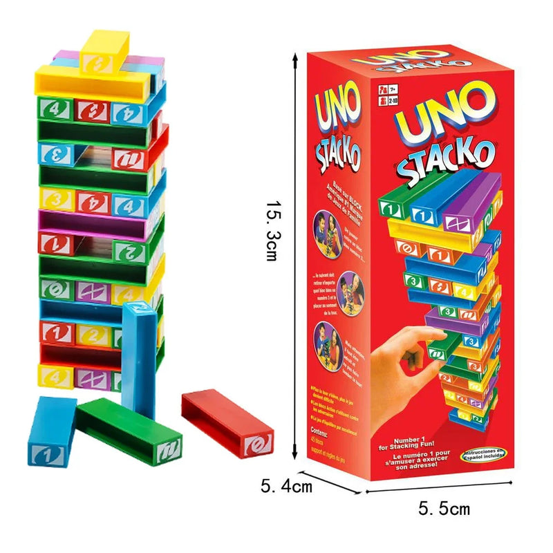 Jogos de Tabuleiro Stacko-UNO, Entretenimento Familiar, Poker Party, Puzzle Educação Infantil, Brinquedos Empilhados, Cartas,